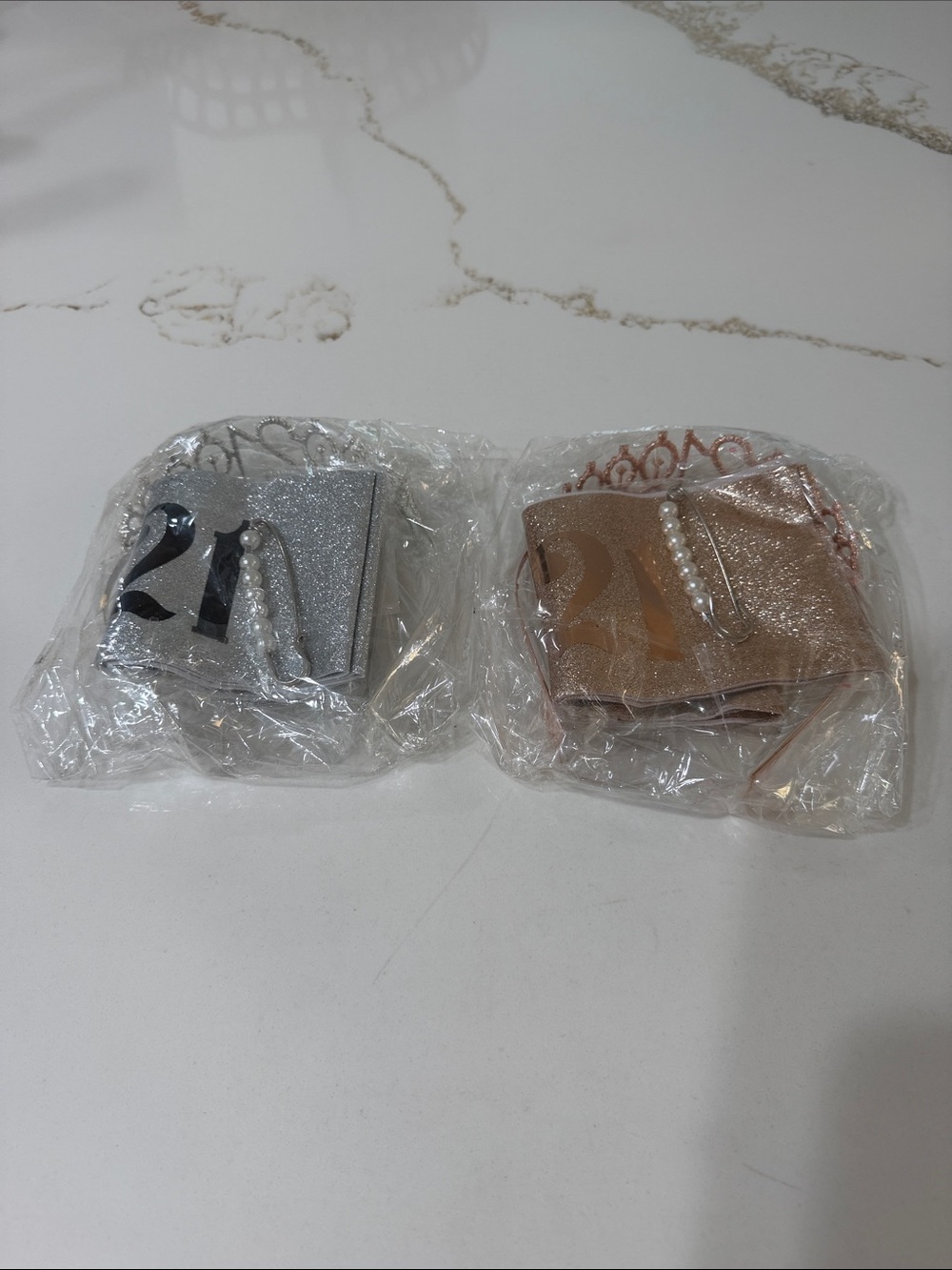 NWT Set of 2 Rose Gold & Silver Finally 21 Sash & Rhinestone Tiara Set
